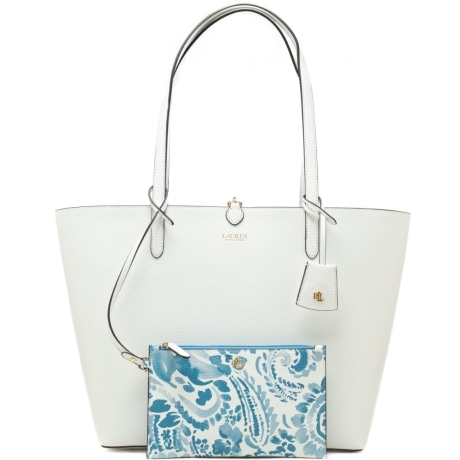 borsa tote da donna reversibile con pochette interna a fantasia in dotazione bianco blu 