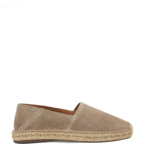 mocassini da uomo in suede con fondo con cuciture in tessuto corda intrecciato beige scuro