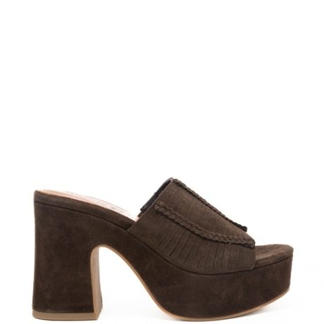 scarpe alte da donna in suede con fascia frontale con dettagli intrecciati testa di moro