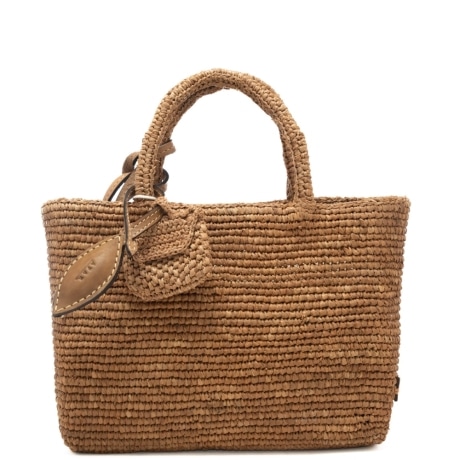 borsa da donna in rafia intrecciata con pochette a fantasia in dotazione cognac