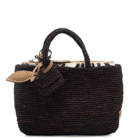 borsa da donna in rafia intrecciata con pochette a fantasia in dotazione  marrone scuro 