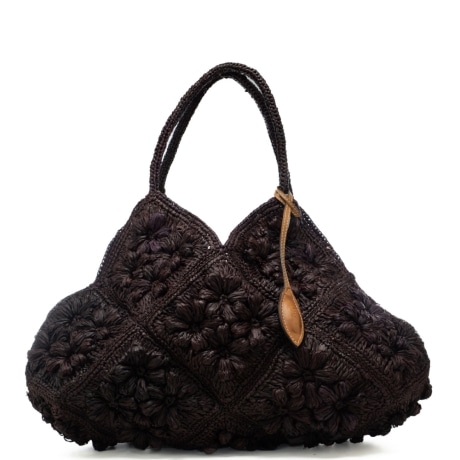 borsa da donna in rafia intrecciata con ricami floreali ton sur ton marrone scuro