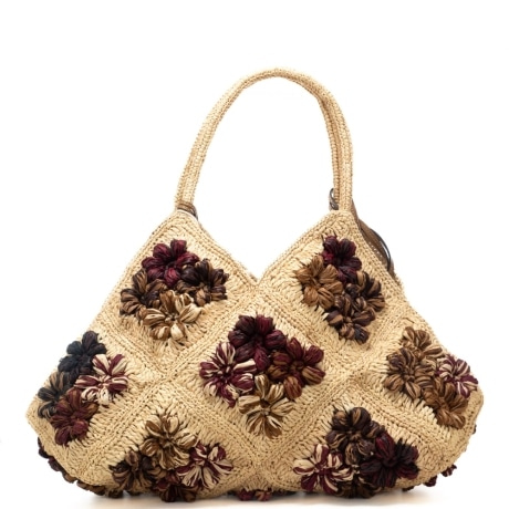 borsa da donna in rafia intrecciata con ricami floreali a contrasto colore multicolor
