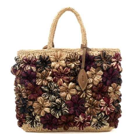 borsa da donna con applicazioni floreali in rafia intrecciata all over multicolor