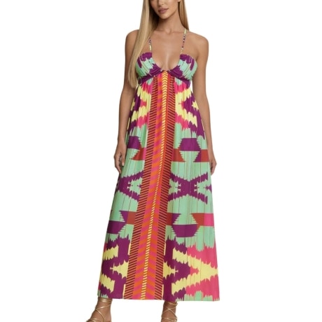VESTITO LUNGO da donna con stampa a fantasia etnica multicolor 