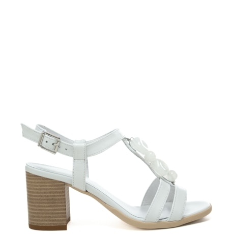 sandali da donna con maxi pietre applicate sul cinturino verticale centrale bianco