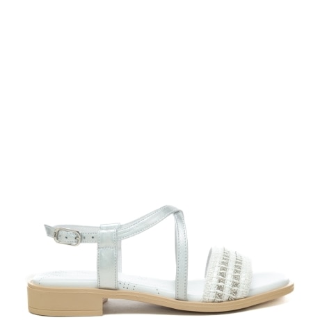 sandali bassi da donna con fascia frontale in tessuto intrecciato e dettagli lurex bianco 