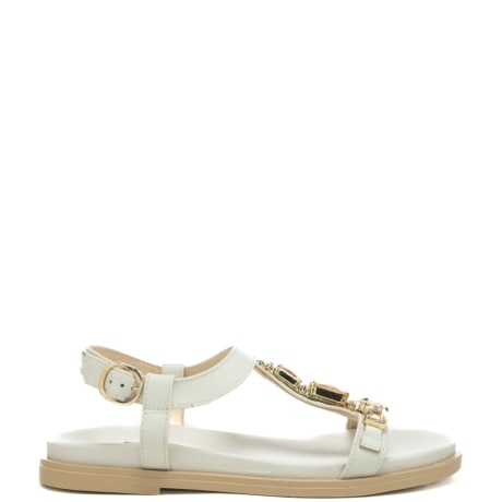sandali bassi da donna con maxi pietre decorative applicate sul davanti bianco