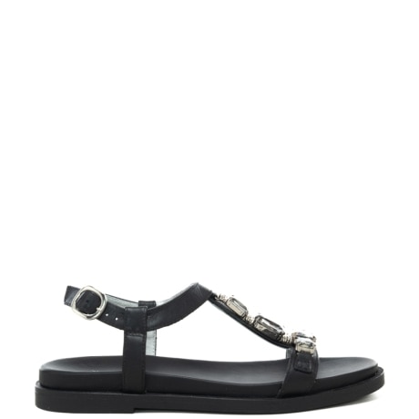 sandali bassi da donna con maxi pietre decorative applicate sul davanti nero