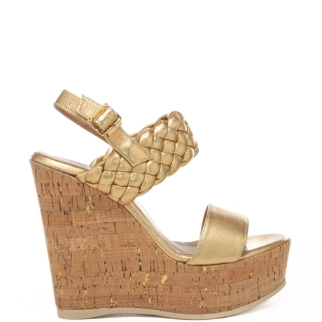 scarpe alte da donna con zeppa in sughero e inserti lurex oro 