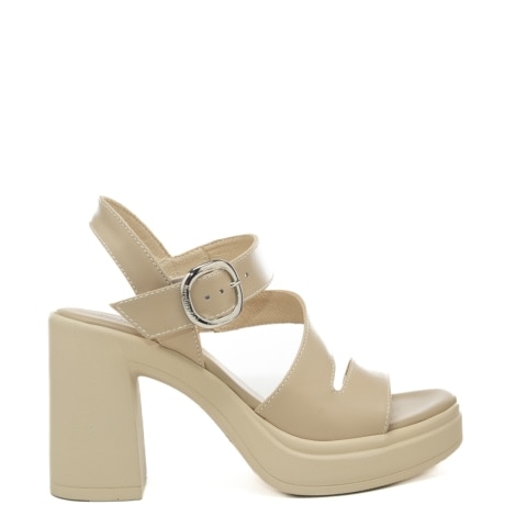 sandali da donna con maxi fibbia e tacco a blocco beige