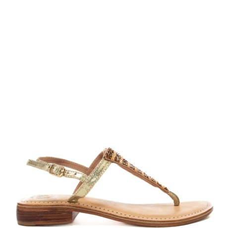 sandali infradito da donna con inserto frontale cucito con perline marrone oro