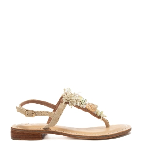 sandali infradito da donna con inserto frontale cucito con pietre e conchiglie bianco 
