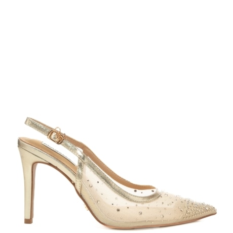 scarpe alte da donna con tomaia semi trasparente e strass platino