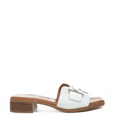 scarpe da donna con tacco a blocco e inserto in metallo sulla fascia frontale bianco