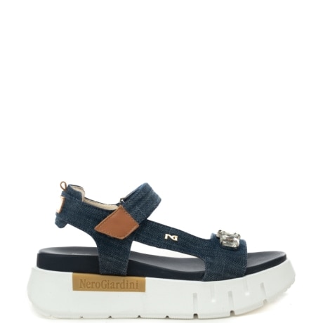 sandali da donna in denim con chiusura a strappo blu 