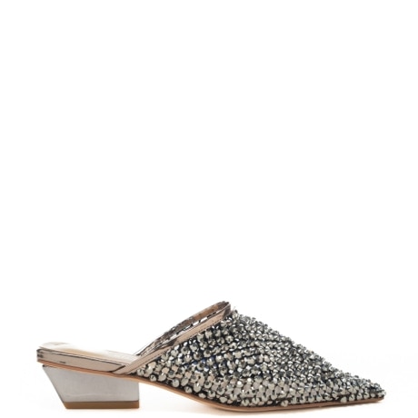 scarpe da donna con tacco a blocco asimmetrico e borchie all over argento