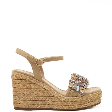 scarpe alte da donna con pietre multicolor cucite sulla fascia frontale sabbia 