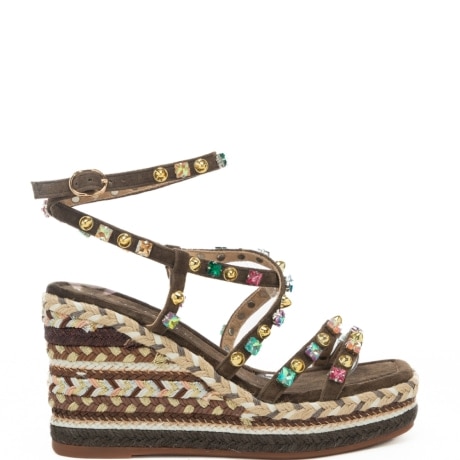 scarpe alte da donna in tessuto corda intrecciato a contrasto colore marrone