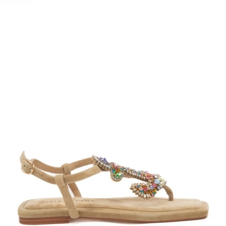 sandali bassi da donna in suede con inserti strass multicolor sabbia 