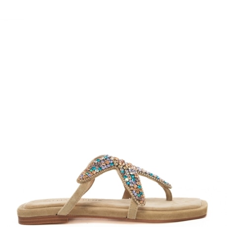scarpe basse da donna in suede con inserto con strass multicolor sul davanti sabbia
