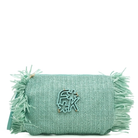 MAXI POCHETTE da donna in paglia con profilo laterale con frange acquamarine