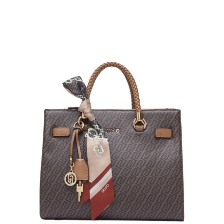 Borsa satchel media con foulard in saffiano marrone
