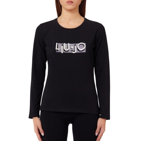 T-SHIRT da donna a maniche lunghe con maxi logo strass nera