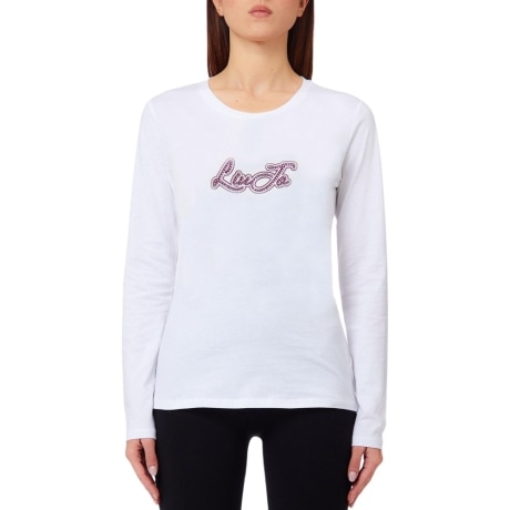 T-SHIRT da donna a maniche lunghe con logo strass bianca