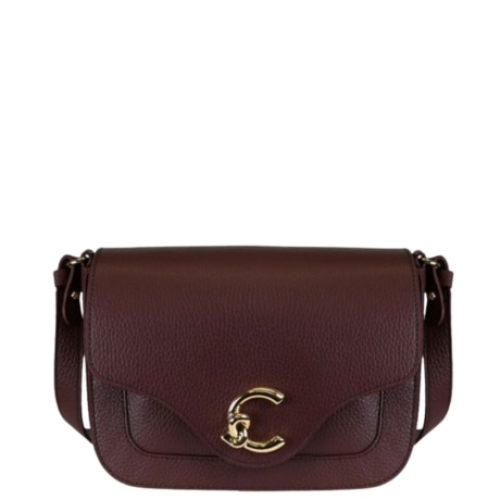 borsa a tracolla C-Me in pelle berry e logo oro