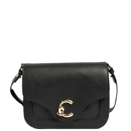 borsa a tracolla C-Me in pelle nera e logo oro