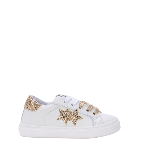 sneakers da bimba low con fondo a cassetta e stelle glitter bianco ORO