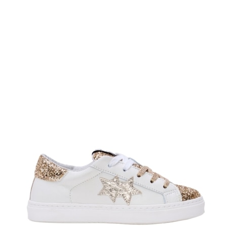 sneakers da bimba low con fondo a cassetta e stelle glitter bianco ORO