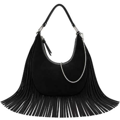Borsa Hobo Christy in camoscio e frange nera