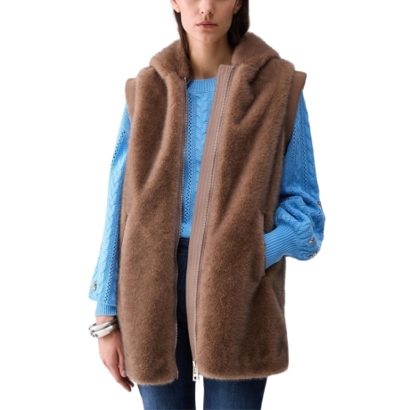 Gilet in ecopelliccia con cappuccio beige