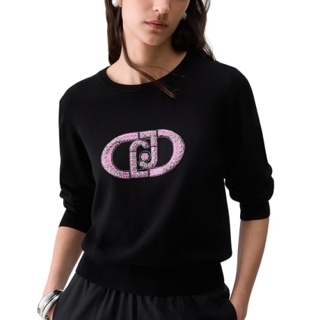 Maglia con logo monogram e strass nera