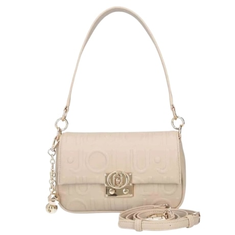 Borsa a Spalla Donna Beige Neutro con Logo Relief e Charm Dorati