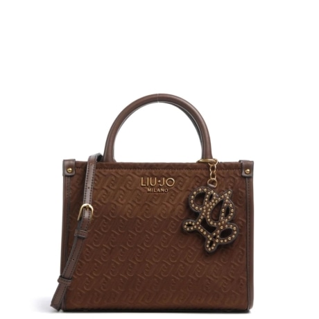 Borsa a Mano e Tracolla Monogram in Effetto Suede Tabacco con Charm
