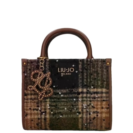 Borsa a Mano Tote in Tweed Tartan con Paillettes e Charm Logo Testa di Moro