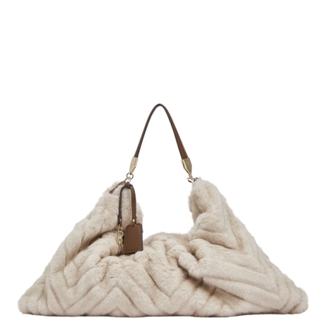 Borsa a Spalla Soft Hobo in Ecoplissettata Panna con Tracolla in Pelle e Charm