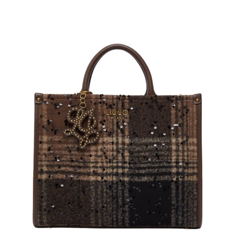 TOTEBorsa a Mano Tote in Panno Check Marrone con Paillettes