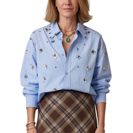 Camicia in Cotone Azzurro con Ricami Gioiello e Applicazioni Floreali