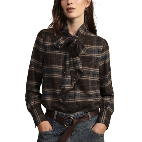 Camicia girocollo con maniche lunghe e fiocco