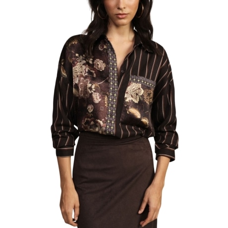 Camicia ampia fantasia floreale e righe MARRONE