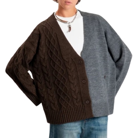 Cardigan Bicolore Con Trecce E Bottoni Frontali