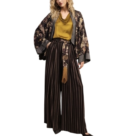 pantaloni palazzo a righe con cintura decorativa marroni