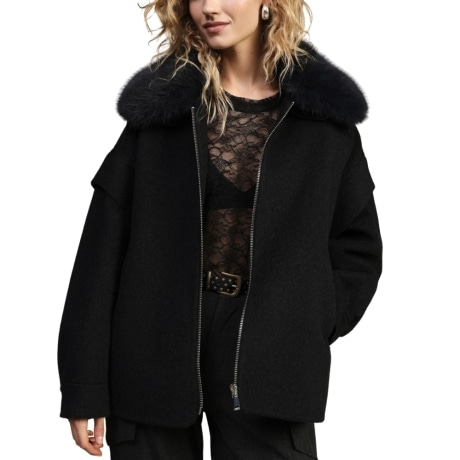 Cappotto corto con colletto in pelliccia e zip NERO