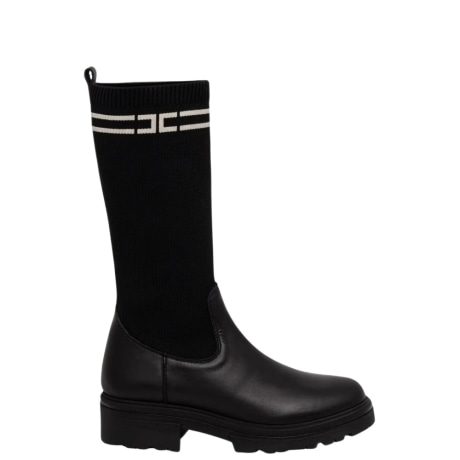 Stivali Sock Boots Alti in Pelle e Maglia Elasticizzata Nero