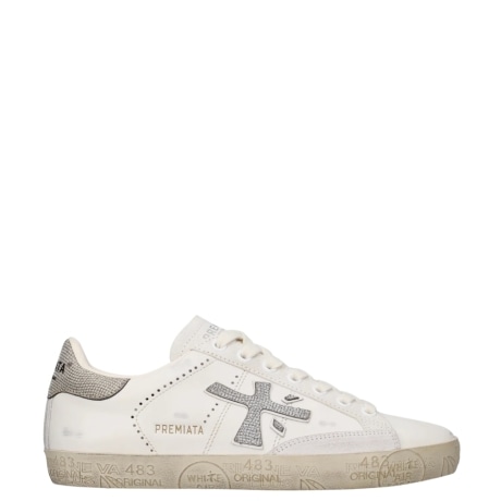 sneakers in pelle bianco panna con dettagli argento