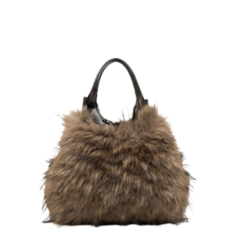 Borsa a Mano Dua in Pelliccia Ecologica Espresso con Manici in Pelle